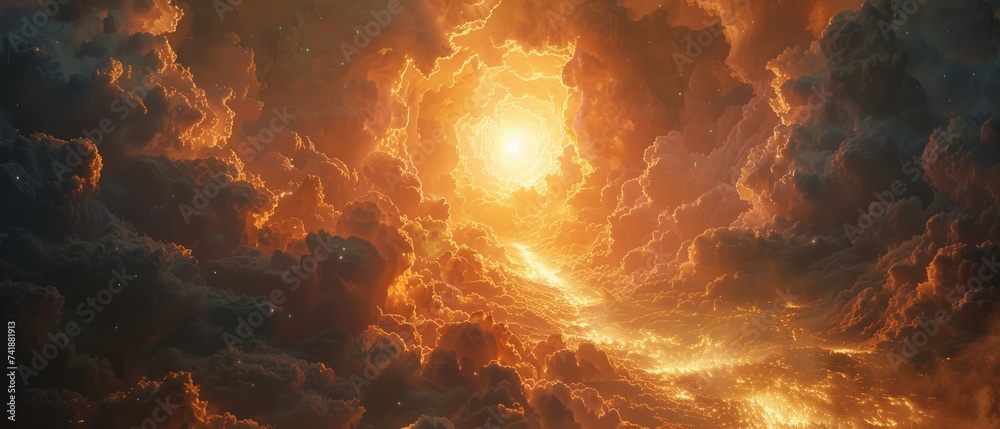 Wall mural mysterious portal surrounded by swirling clouds and shimmering light, hinting at the possibility of 