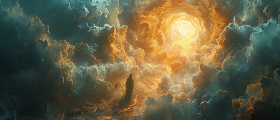 Mysterious portal surrounded by swirling clouds and shimmering light, hinting at the possibility of other dimensions and realms - obrazy, fototapety, plakaty