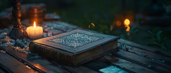 Quran illuminated by candlelight, evoking a sense of tranquility and reverence as Muslims engage in nightly prayers during Ramadan - obrazy, fototapety, plakaty