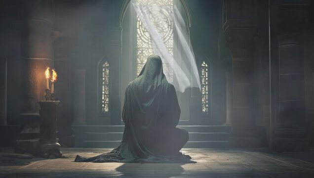 Rear view of an Islamic man praying inside a mosque