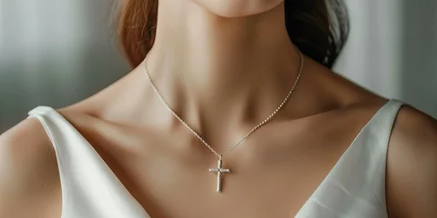 Poster model woman wearing necklace with cross shaped pendant, closeup © Christopher