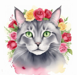 Watercolor portrait of grey cat with wreath of pink roses on the head