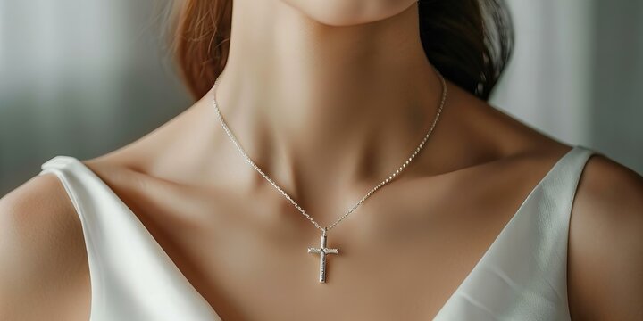 model woman wearing necklace with cross shaped pendant, closeup