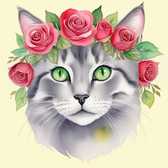 Watercolor portrait of grey cat with wreath of pink roses on the head.