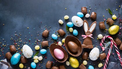Köstliche Schokoladen-Ostereier, Hasen und Süßigkeiten auf dunkelblauem Hintergrund, flache Lage und Draufsicht. bunt