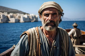 Portrait eines griechischen Fischers auf seinem Fischerboot - obrazy, fototapety, plakaty