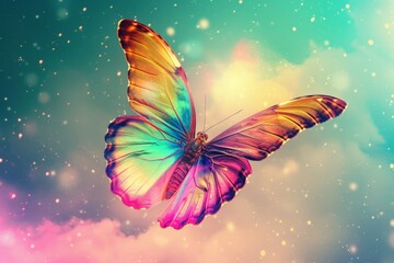 A vibrant purple butterfly, a vital pollinator and beautiful arthropod, gracefully soars in the sky among pink and violet petals