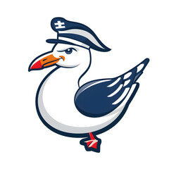 A logo illustration of a seagull with sailor hat on white background.