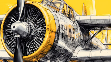 A charming watercolor sketch of an airplane with yellow gray lines