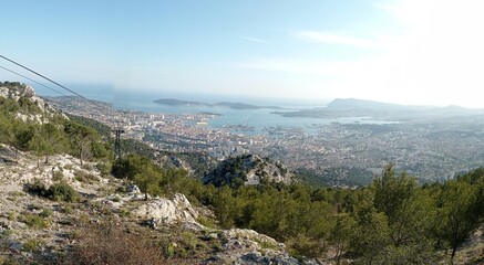 Panoramic view of la Seine sur Mer and Toulon, touristic destinations in Var, southern France, shot from Mont Faron mountain cable car. Bird eye sight Toulon and la Seyne mer,  french Riviera, France