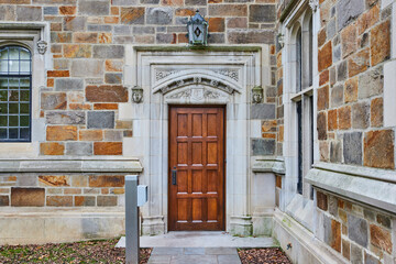 Fototapeta na wymiar Elegant University Doorway with Carved Stonework, Michigan