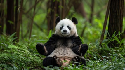 Fototapeta premium Relaxed Giant Panda Enjoying a Peaceful Moment in a Bamboo Forest