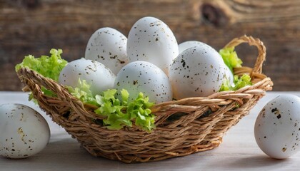 Naklejka na ściany i meble easter eggs of white color with a speck in a produce basket