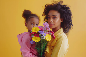 Loving Sister Holding Younger Sibling with Flowers on Yellow Background