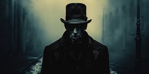 A dark and mysterious man standing in the midst of a foggy urban scene, reminiscent of Victorian-era London - AI Generated Digital Art