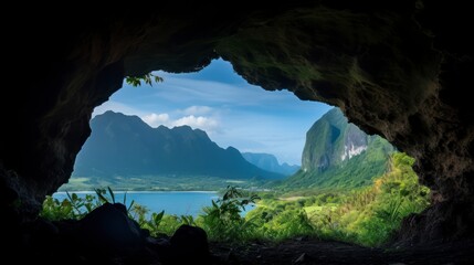 Panoramic view of the tropical jungle from the cave - obrazy, fototapety, plakaty