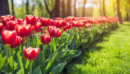 flower bed of red beautiful tulips green lawn beautiful spring tulips flowers in park sunny day copy space for text image - obrazy, fototapety, plakaty