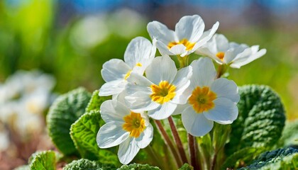 solar spring day primula grows and blossoms in white flowers