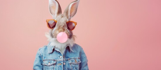 bunny in a denim shirt and sunglasses blowing a pink bubble gum - obrazy, fototapety, plakaty