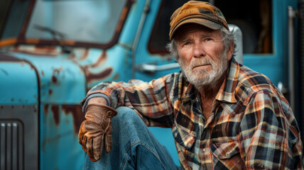 Elderly driver near an old truck