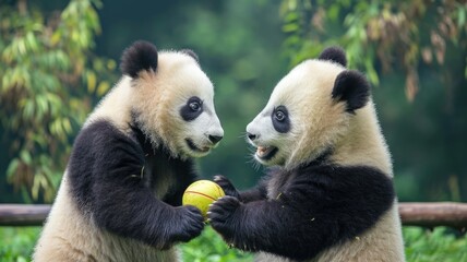 Playful Giant Panda Cubs Having Fun with a Ball in Their Enclosure