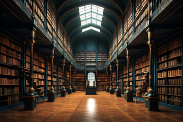 Empty book hall in a library. Books stacked on bookshelves in alphabetical order - obrazy, fototapety, plakaty