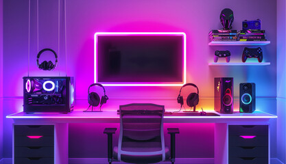 gamer room desk set up, front view, neon light