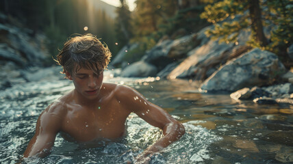 A young guy swims in a lake in the forest