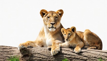 lioness with lion cub on white background wild animal