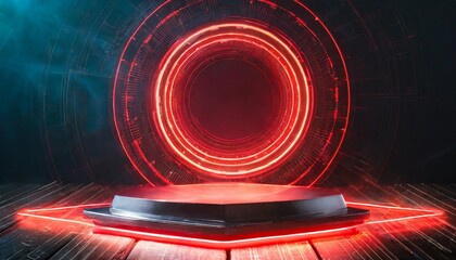a circular platform podium with red neon light on dark background created with technology