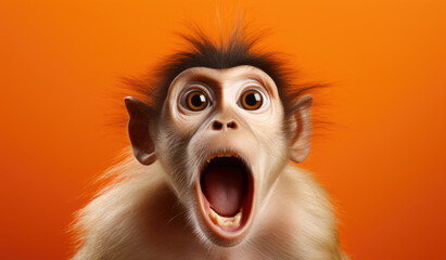 Studio Portrait of Funny and Excited Macaque Monkey on Orange Background with Shocked or Surprised Expression and Open Mouth - obrazy, fototapety, plakaty