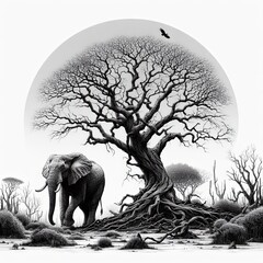 silhouette of tree with some elephants - obrazy, fototapety, plakaty