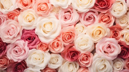 Pink and white roses in a bridal bouquet as a background