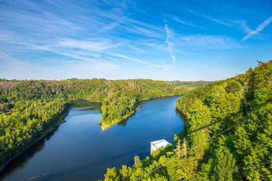 Pedestrian suspension bridge above Rappbodetalsperre lake and Rappbode River in Harz Mountains National Park, Germany