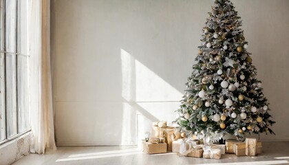minimalistic light christmas interior with a white blank empty wall and a decorated christmas tree on the side