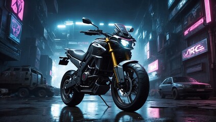 Shiny futuristic sports motor on a blurred cyberpunk city street background with bright neon lights. Bokeh effect. Future concept.