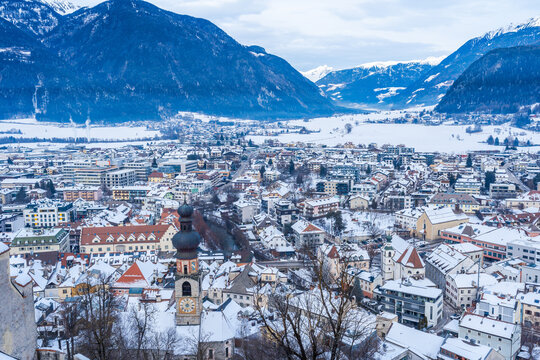 Aerial view of Brunico (Bruneck), South Tyrol, Italy in the winter.