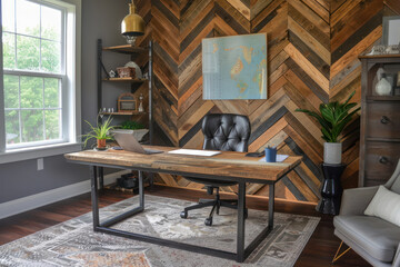 An inviting, stylish home office space with a unique wooden wall design, organized desk, ambient lighting, and chic decor. Office background.