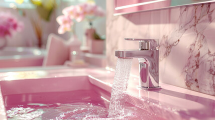 Water fills the sink. Bathroom interior in pink