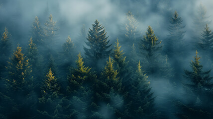 Enigmatic forest enveloped in ethereal fog, mysterious ambiance. - obrazy, fototapety, plakaty