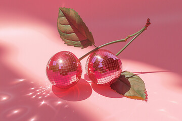 cherries disco balls on a pastel red background (1)