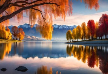 Remarkable landscape of colorful autumn Wanaka Tree reflection on Wanaka Lake with sunrise in the fresh morning, most popular photographed tree in Wanaka, autumn in South New Zealand. AI generated