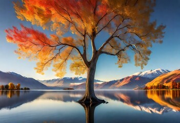 Remarkable landscape of colorful autumn Wanaka Tree reflection on Wanaka Lake with sunrise in the...