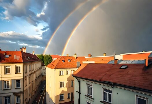 Double rainbow over the rooftop in Brno (Slatina - Vlnita, Vyskovska street), Czech Republic. HD wallpaper, 4k background. AI generated