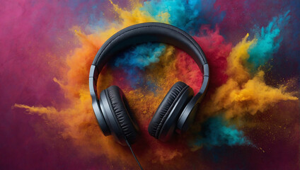 Headset headphones on colorful pastel splash background. Minimal abstract party, fun and love for music concept. Lifestyle and design idea. Copy space. - obrazy, fototapety, plakaty