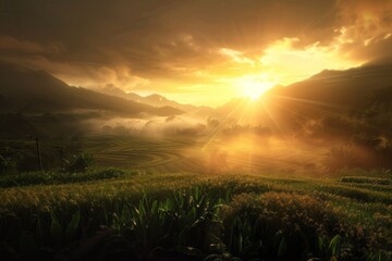 sunset over the field and lake