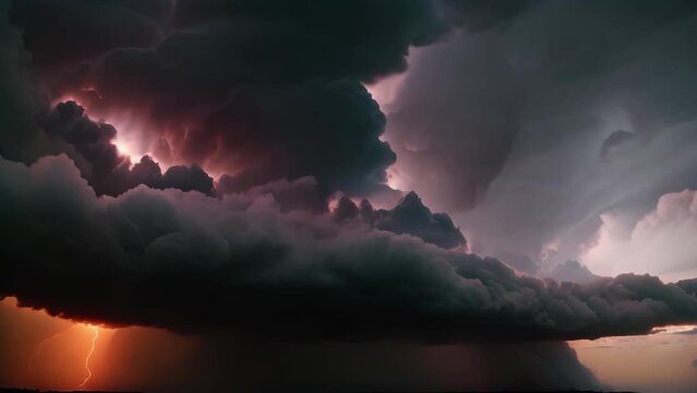 A very large storm cloud looms in the sky, showcasing dramatic rolling storm clouds and flashes of lightning, Dramatic rolling storm clouds with flashes of lightning, AI Generated