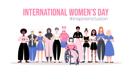 International Women's Day banner, poster. Inspire inclusion 2024 campaign. Group of women in different ethnicity, age, body type, abilities, hair color and more. Vector illustration in flat style.	