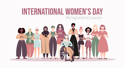 International Women's Day web banner, backround, poster. Inspire inclusion 2024 campaign. Group of women of different ethnicity, age, body type, hair color vector illustration in flat style.