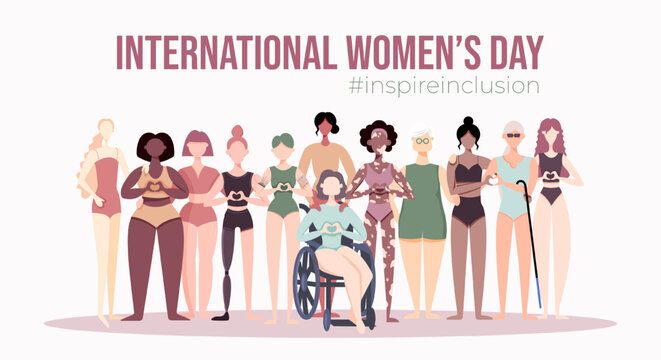 International Women's Day banner, backround, poster. Inspire inclusion 2024. Group of women of different ethnicity, age, body type in underwear vector illustration in flat style. Body positive.
